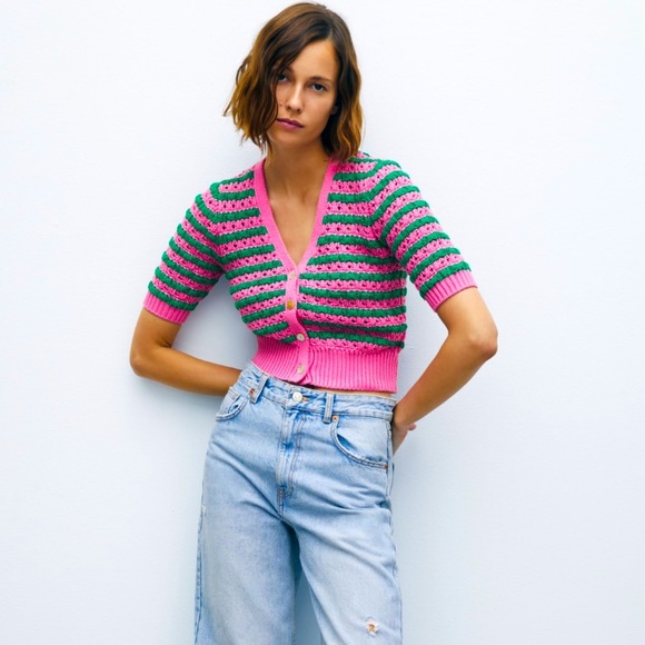 Zara Pink Green Knit Cardigan Sweater 
